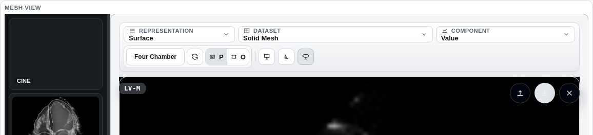 The top of the Mesh View panel: Representation, Dataset and Component selectors, a row of view and tool buttons beneath them, and round overlay buttons at the top right of the viewport for upload, download and remove.