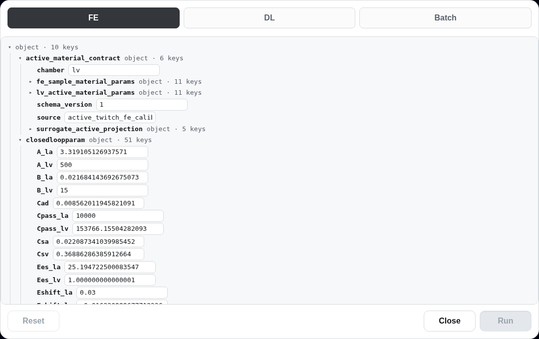 The Simulation popup on its FE tab: a tab row reading FE, DL and Batch above a collapsible tree of the simulation parameters, grouped into passive and active material properties, support conditions, valve controls and the closed-loop circulation, with Reset, Close and Run along the bottom.