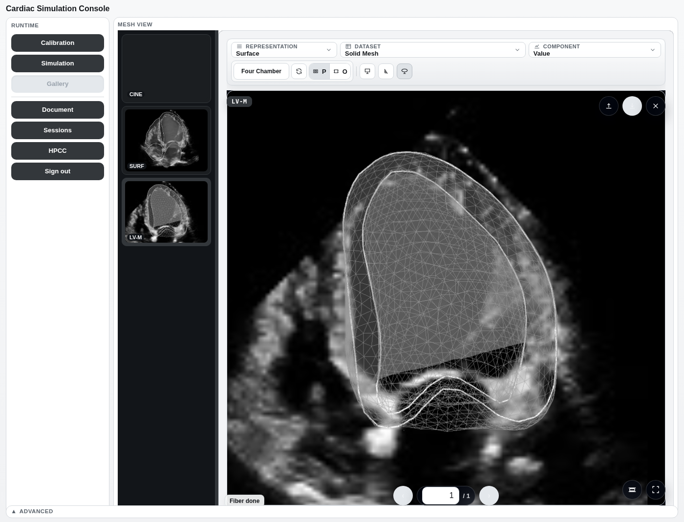 The console: a Runtime sidebar of action buttons on the left, and the Mesh View panel on the right showing a loaded heart mesh in a dark 3-D viewport.